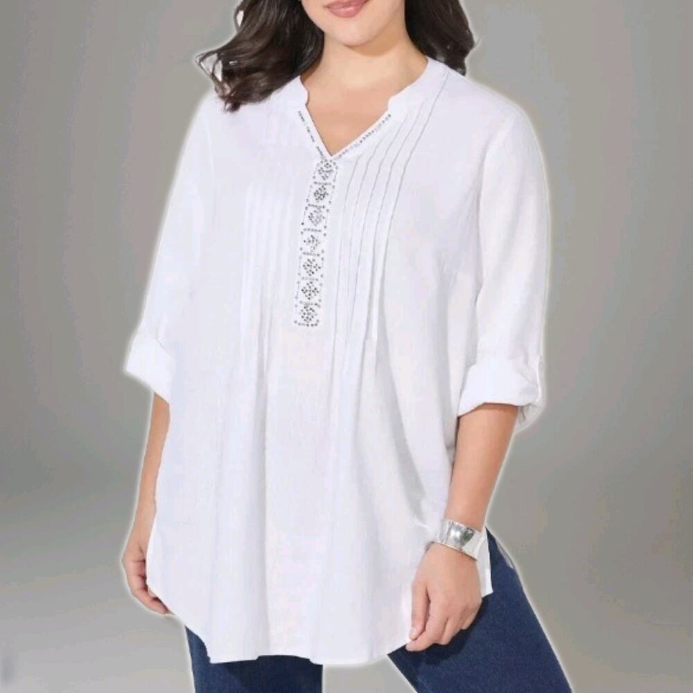 Catherines Plus Size 0X Pleated Rhinestone Linen Cotton Tunic White